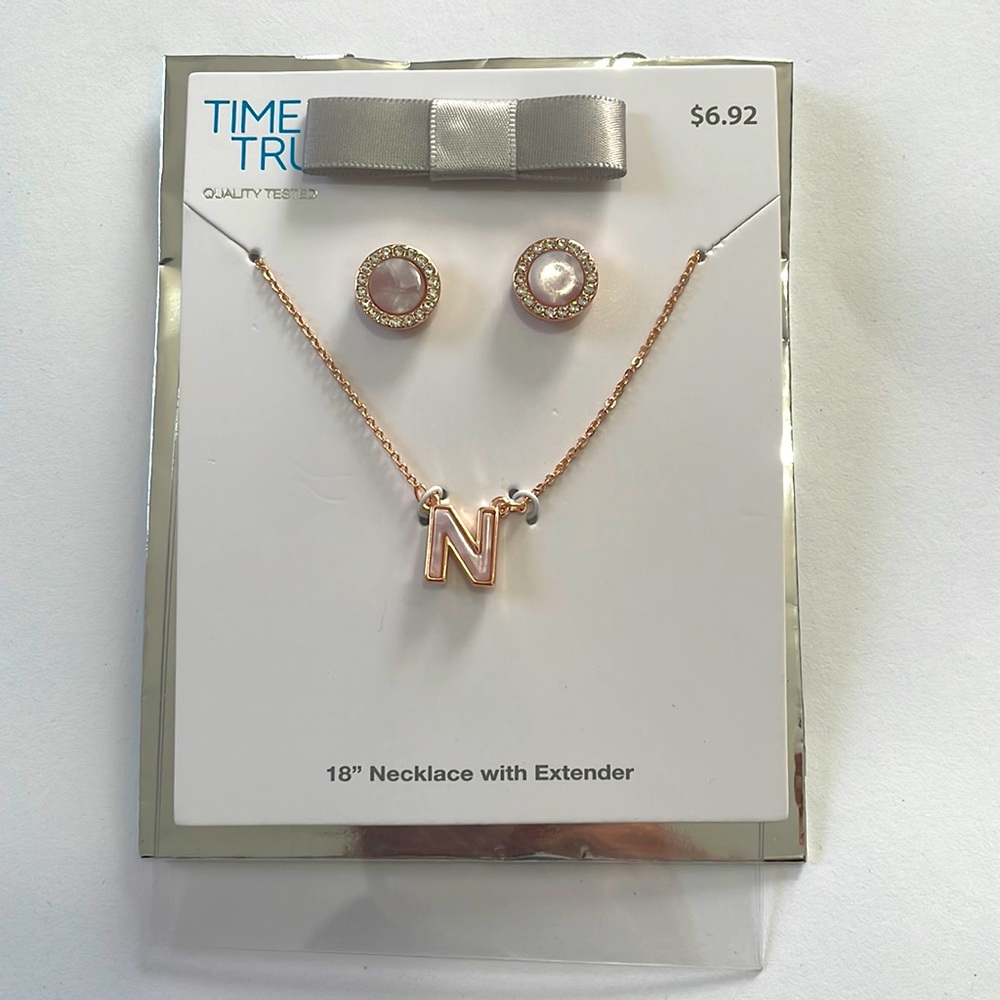 Letter N necklace and earring set - rose gold
